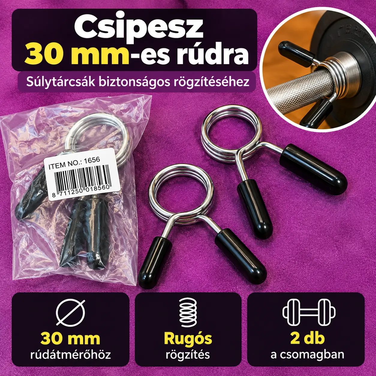 tárcsarögzítő csipeszpár 30 mm-es súlyzórúdhoz
