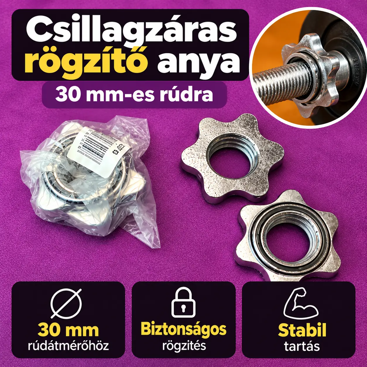 Csillagzáras rögzítő anya 30 mm-es menetes súlyzórúdhoz