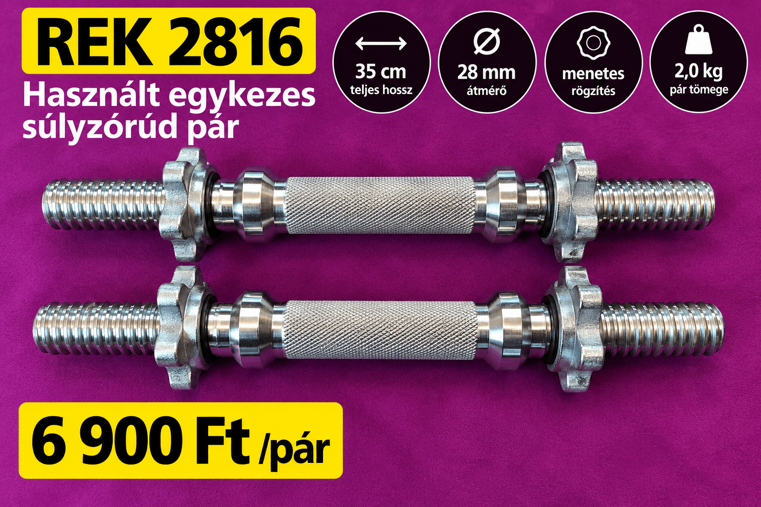 REK 2816 Használt 28 mm-es egykezes súlyzórúd pár, 35 cm, menetes