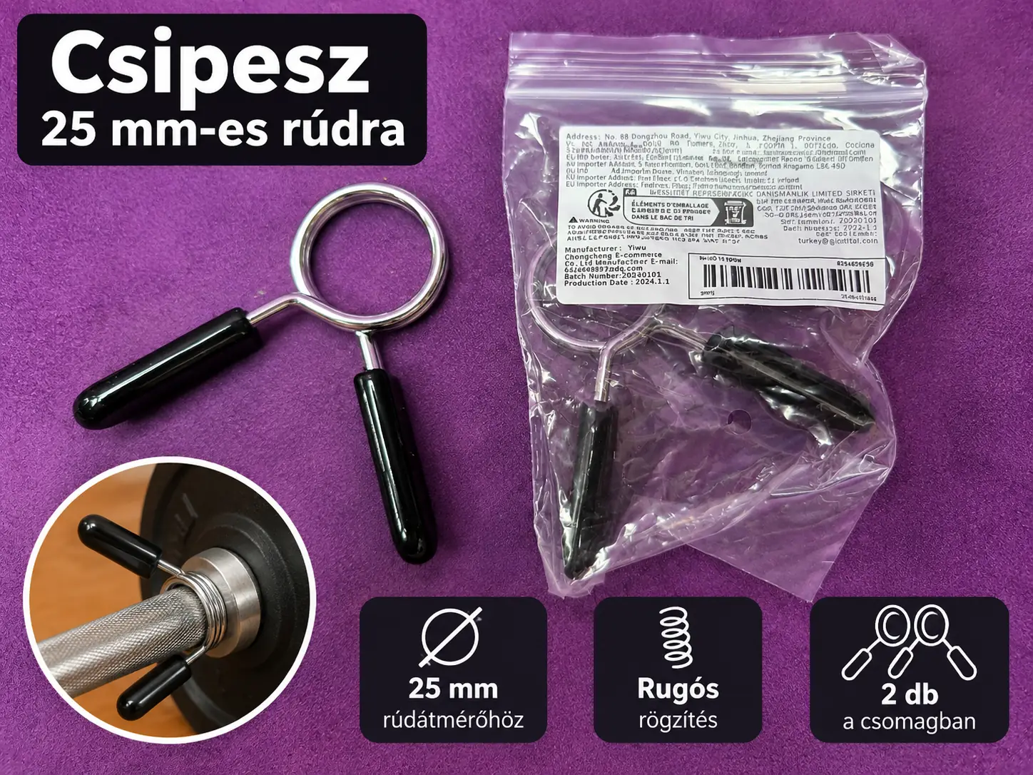 Tárcsarögzítő csipeszpár 25 mm-es súlyzórúdhoz